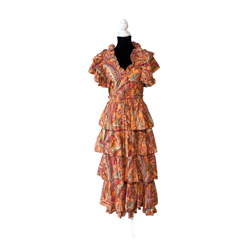 NWT Love The Label Carmella Dress Medium‎ Coral Paisley Ruffle Tiered Boho Maxi